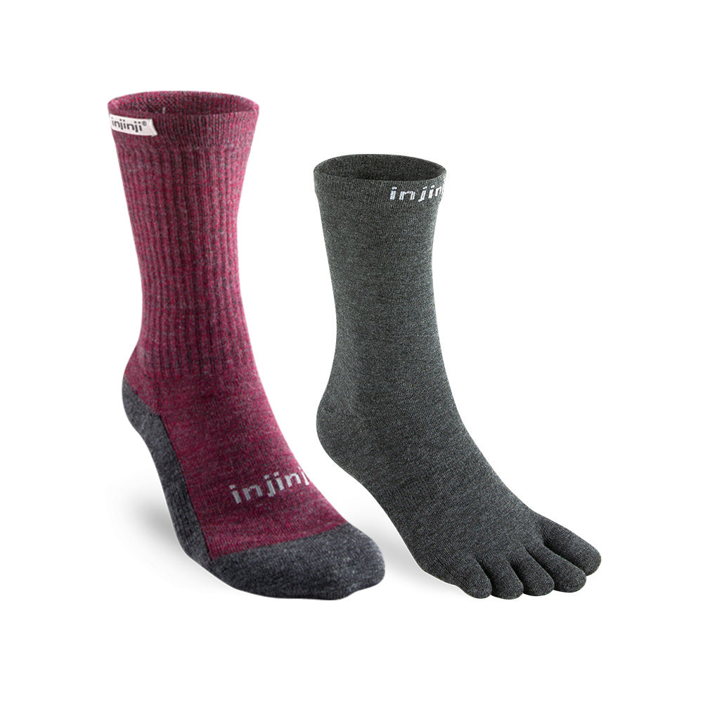 Injinji - 活動組合價【injinji】Hiker 女 羊毛中筒健行襪-外襪(棗紅)+Liner內襪(石板灰) | 羊毛襪 登山襪 登山用品 抗菌防臭襪