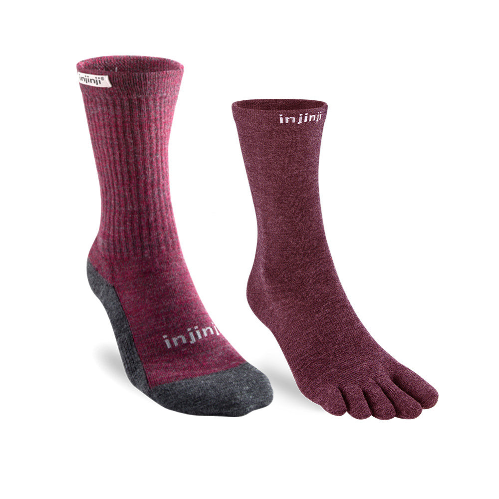 Injinji - 活動組合價【injinji】Hiker 女 羊毛中筒健行襪-外襪(棗紅)+Liner內襪(石榴紅) | 羊毛襪 登山襪 登山用品 抗菌防臭襪