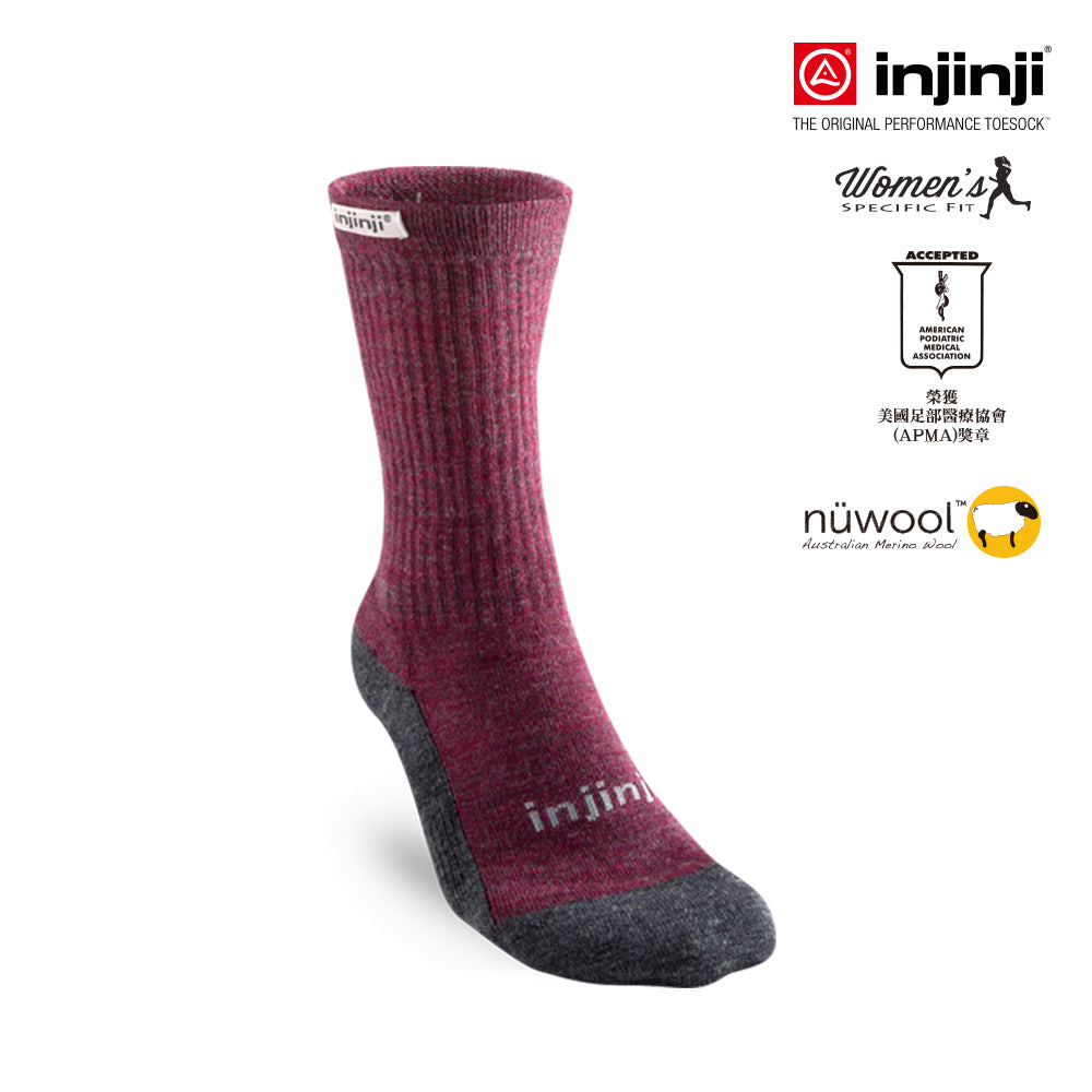 Injinji - 【injinji】HIKER 女 羊毛中筒健行襪(棗紅) - WAA6308 |中筒襪 羊毛襪 健行外襪