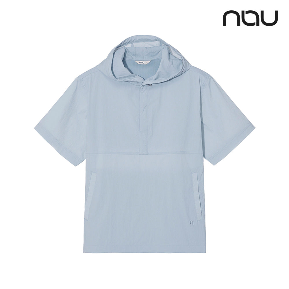 nau - 【nau】SUMER ACT短袖半開襟連帽上衣(淺藍)-夏季 透氣 仿棉 尼龍彈性 連帽短T 中性款|EB1NC801|1NUJKMU903