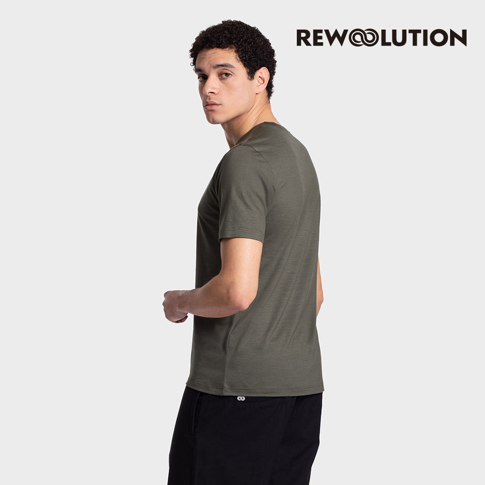 REWOOLUTION - 【Rewoolution】男 WAKA 140g短袖印花T恤(海藻綠)美麗諾羊毛 抑菌抗臭 獨木舟 印花圖騰 短T|EB1MC516|M1M011DJ14