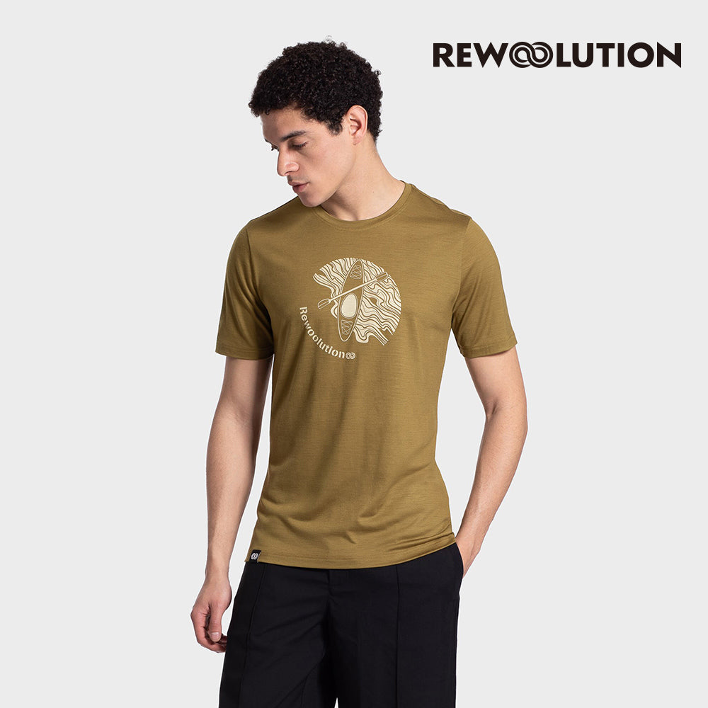 REWOOLUTION - 【Rewoolution】男 WAKA 140g短袖印花T恤(金黃色)美麗諾羊毛 抑菌抗臭 獨木舟 印花圖騰 短T|EB1MC516|M1M011DJ14
