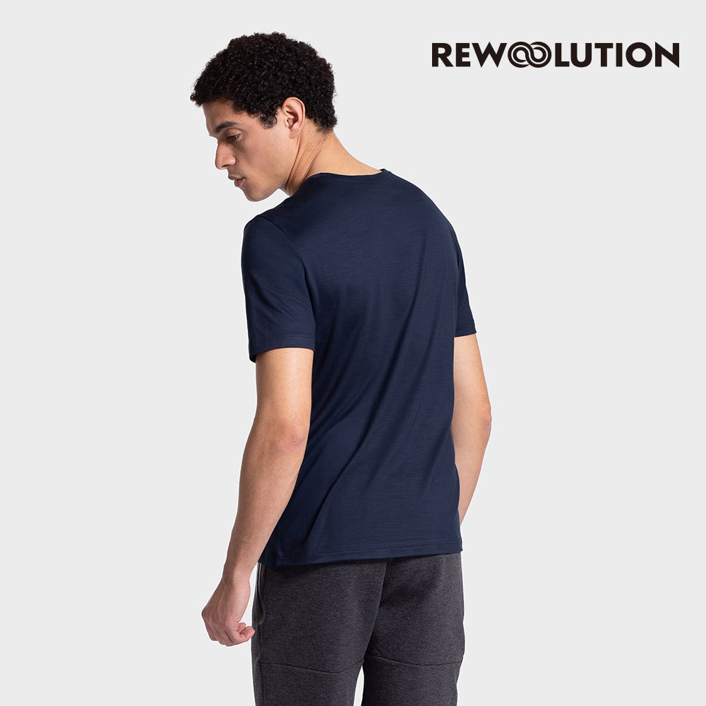 REWOOLUTION - 【Rewoolution】男 WAKA 140g短袖印花T恤(海軍藍)美麗諾羊毛 抑菌抗臭 獨木舟 印花圖騰 短T|EB1MC516|M1M011DJ14