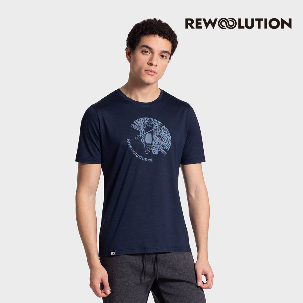 REWOOLUTION - 【Rewoolution】男 WAKA 140g短袖印花T恤(海軍藍)美麗諾羊毛 抑菌抗臭 獨木舟 印花圖騰 短T|EB1MC516|M1M011DJ14