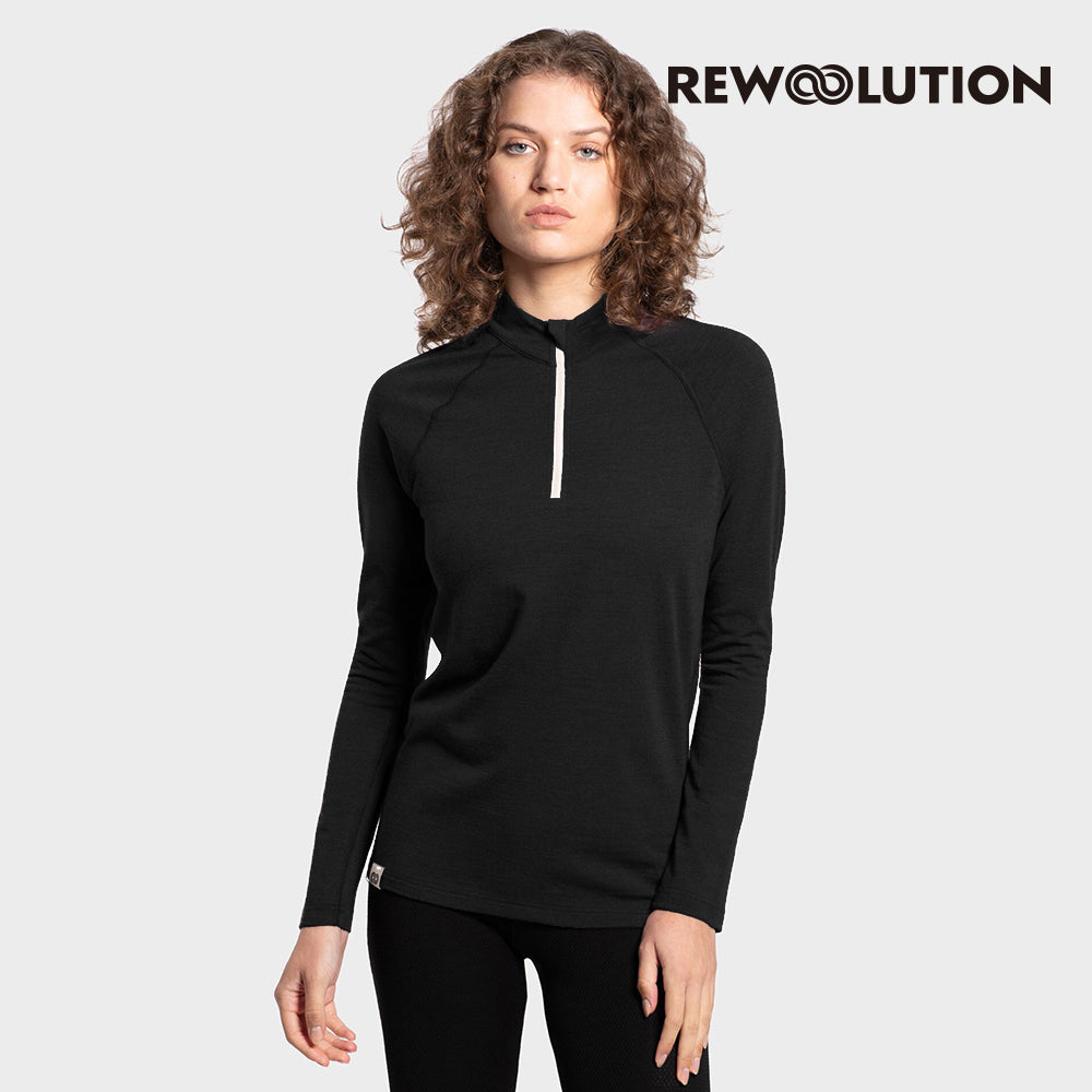 REWOOLUTION - 【Rewoolution】女 SEFTON 230g長袖半開襟(黑色)羊毛衣 半開襟 登山必備 吸濕排汗|EB2WC90595