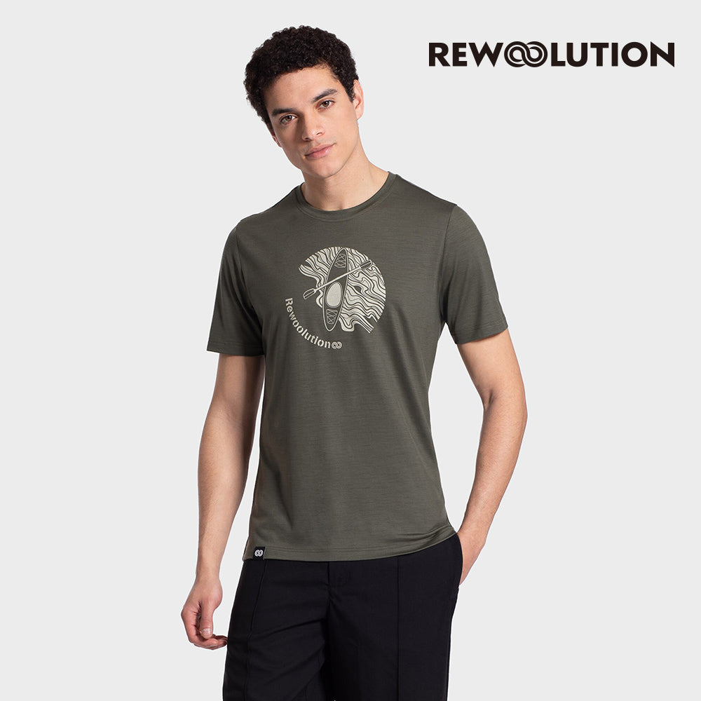 REWOOLUTION - 【Rewoolution】男 WAKA 140g短袖印花T恤(海藻綠)美麗諾羊毛 抑菌抗臭 獨木舟 印花圖騰 短T|EB1MC516|M1M011DJ14