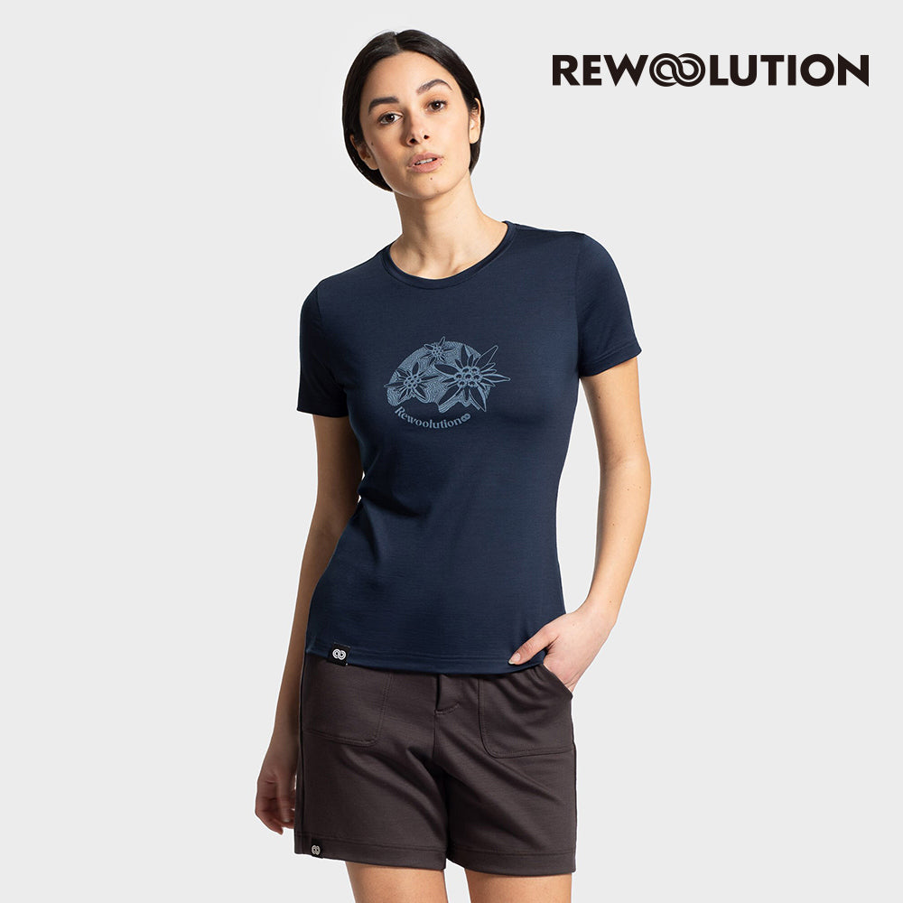 REWOOLUTION - 【Rewoolution】女 WHETU 140g短袖印花T恤(海軍藍)美麗諾羊毛 印花設計 短T|EB1WC516|M1W010RJ14
