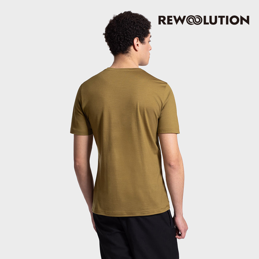 REWOOLUTION - 【Rewoolution】男 WAKA 140g短袖印花T恤(金黃色)美麗諾羊毛 抑菌抗臭 獨木舟 印花圖騰 短T|EB1MC516|M1M011DJ14