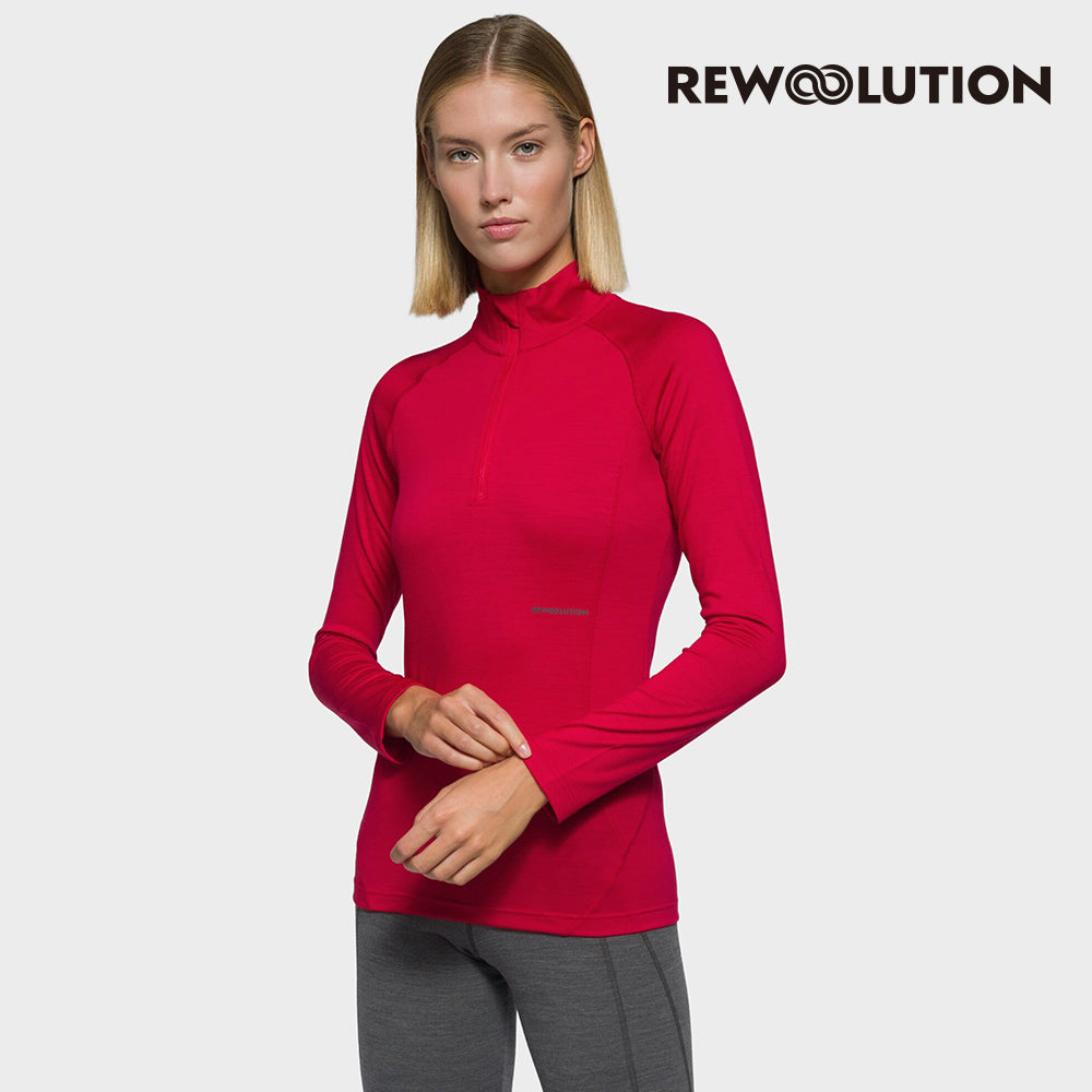 REWOOLUTION - 【Rewoolution】女 LINDSEY 190g長袖半開襟(罌粟紅) 美麗諾羊毛 保暖 立領 半開襟長袖 保暖衣 天然抗臭 登山必備|EB2WC90204